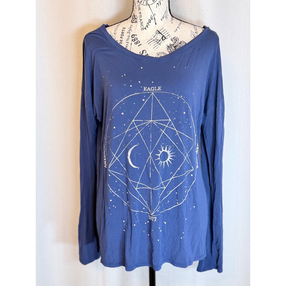 American Eagle Long Sleeve Top Celestial Blue Viscose Size L